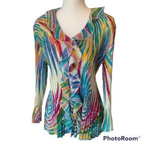 Abstract Multi Colored Art To Wear Pleated Ruffled Button Down Blouse